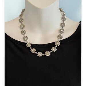 Silver-Tone Clear Rhinestones Crystal Flower Link Necklace 17" Hidden Clasp